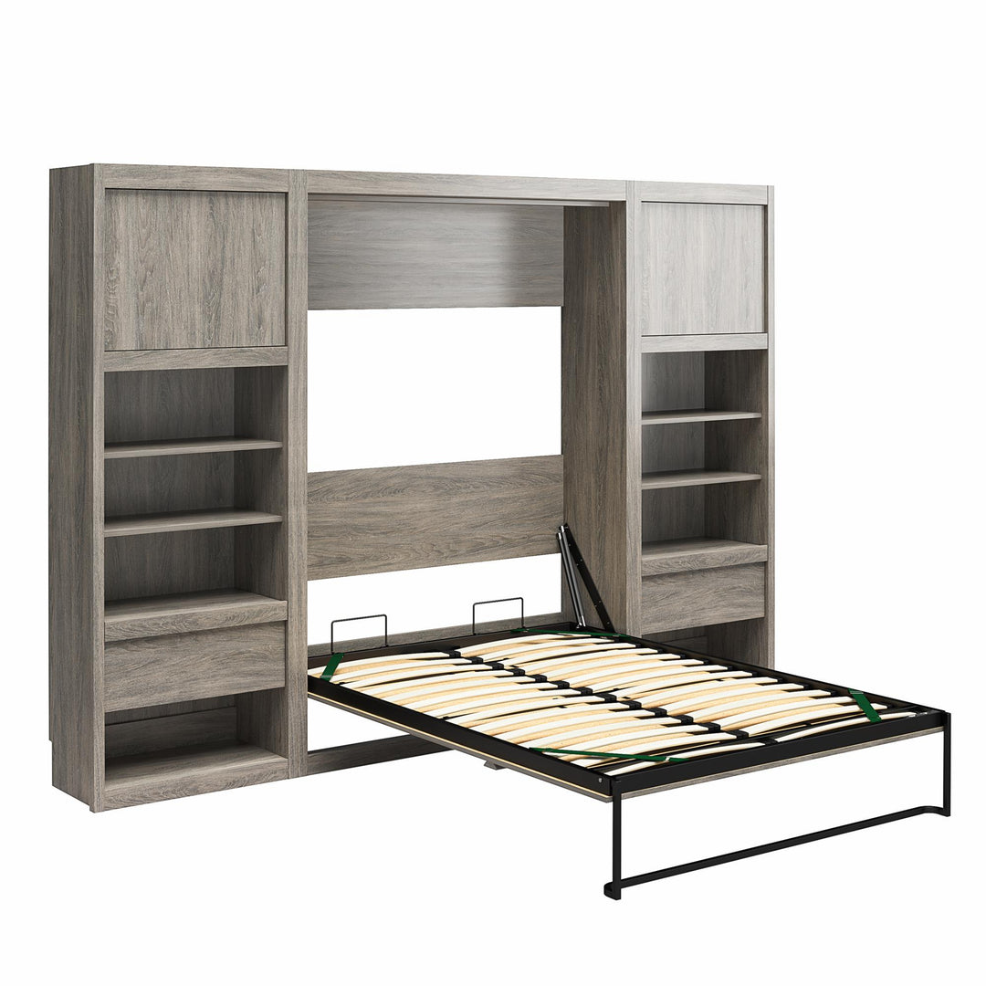 Paramount Full Murphy Bed with 2 Bedside Bookcase Cabinets & Slide-Out Nightstands - Gray Oak - Full