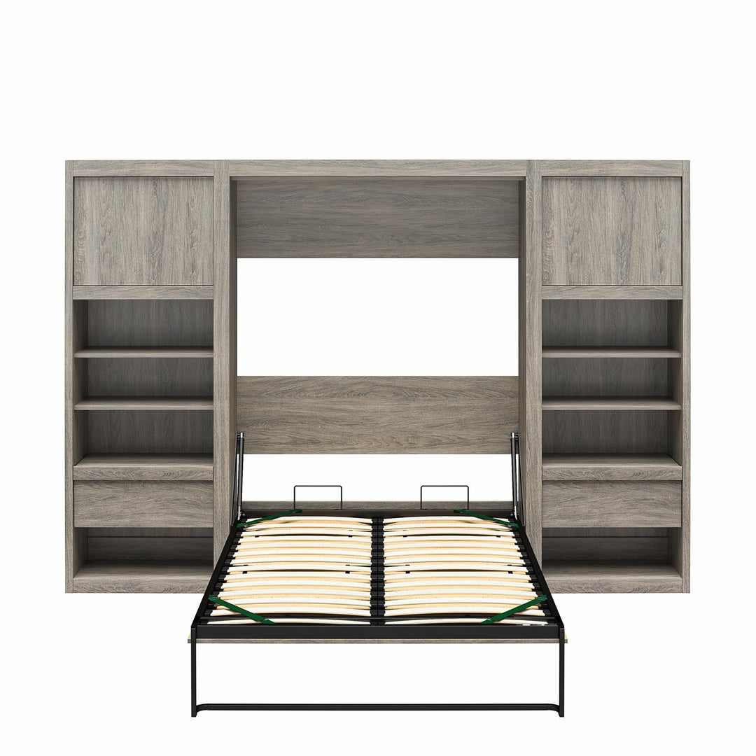 Paramount Full Murphy Bed with 2 Bedside Bookcase Cabinets & Slide-Out Nightstands - Gray Oak - Full