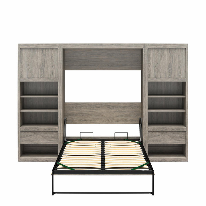 Paramount Full Murphy Bed with 2 Bedside Bookcase Cabinets & Slide-Out Nightstands - Gray Oak - Full