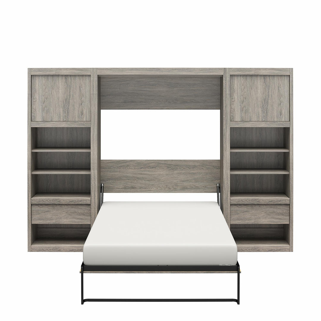 Paramount Full Murphy Bed with 2 Bedside Bookcase Cabinets & Slide-Out Nightstands - Gray Oak - Full