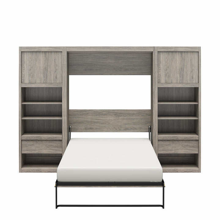 Paramount Full Murphy Bed with 2 Bedside Bookcase Cabinets & Slide-Out Nightstands - Gray Oak - Full