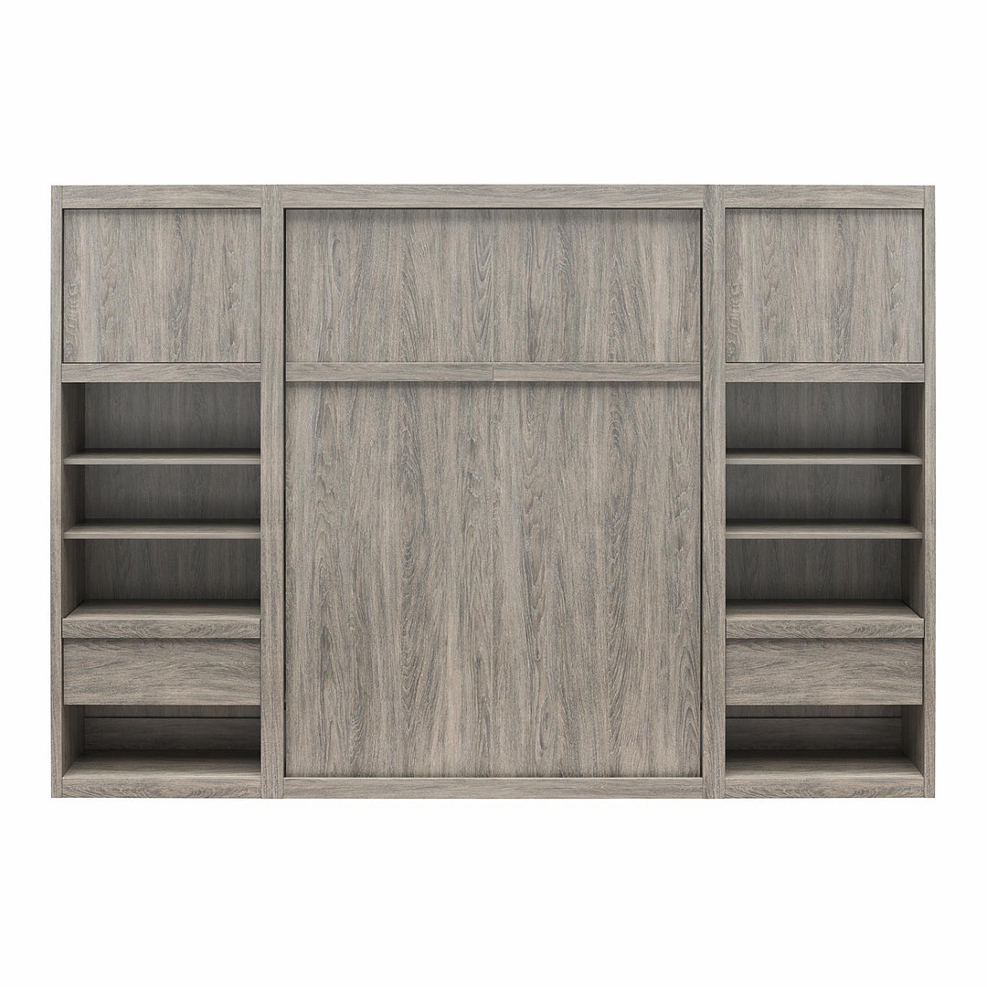 Paramount Full Murphy Bed with 2 Bedside Bookcase Cabinets & Slide-Out Nightstands - Gray Oak - Full