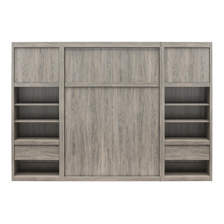 Paramount Full Murphy Bed with 2 Bedside Bookcase Cabinets & Slide-Out Nightstands - Gray Oak - Full