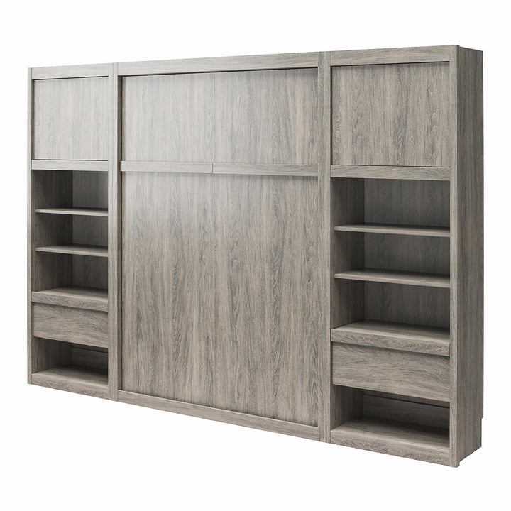 Paramount Full Murphy Bed with 2 Bedside Bookcase Cabinets & Slide-Out Nightstands - Gray Oak - Full