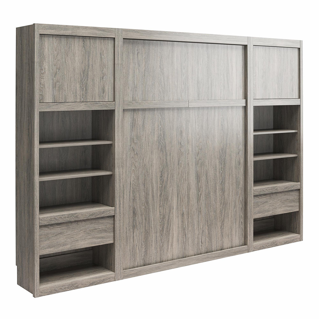 Paramount Full Murphy Bed with 2 Bedside Bookcase Cabinets & Slide-Out Nightstands - Gray Oak - Full