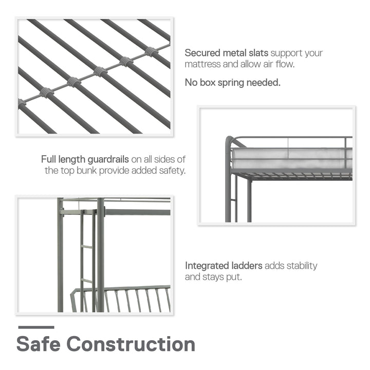 Sammuel Twin over Futon Metal Bunk Bed with Integrated Ladders and Guardrails - Silver - Twin-Over-Futon