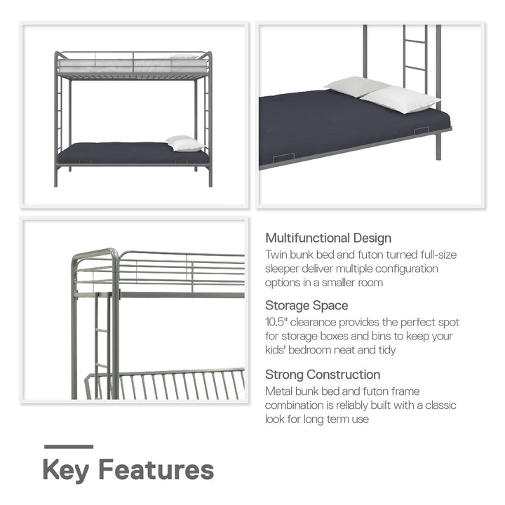 Sammuel Twin over Futon Metal Bunk Bed with Integrated Ladders and Guardrails - Silver - Twin-Over-Futon