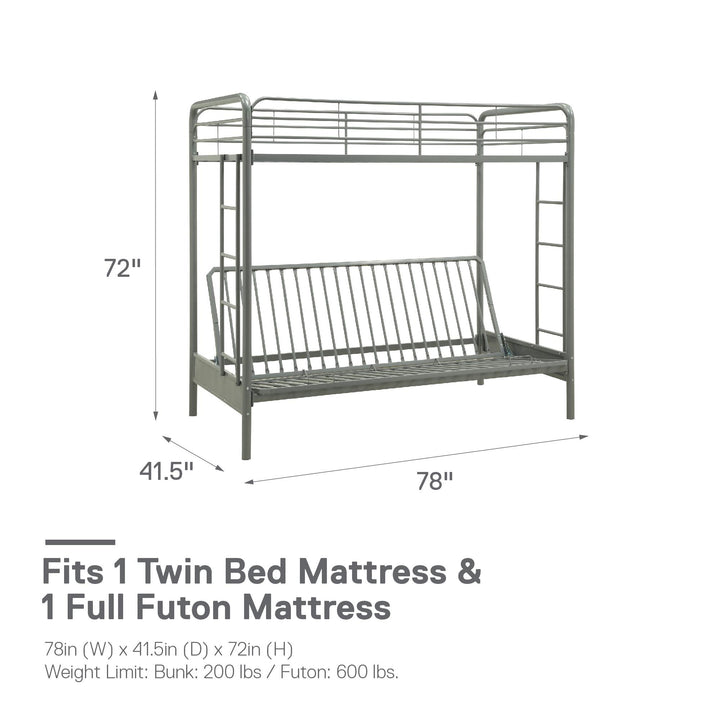 Sammuel Twin over Futon Metal Bunk Bed with Integrated Ladders and Guardrails - Silver - Twin-Over-Futon