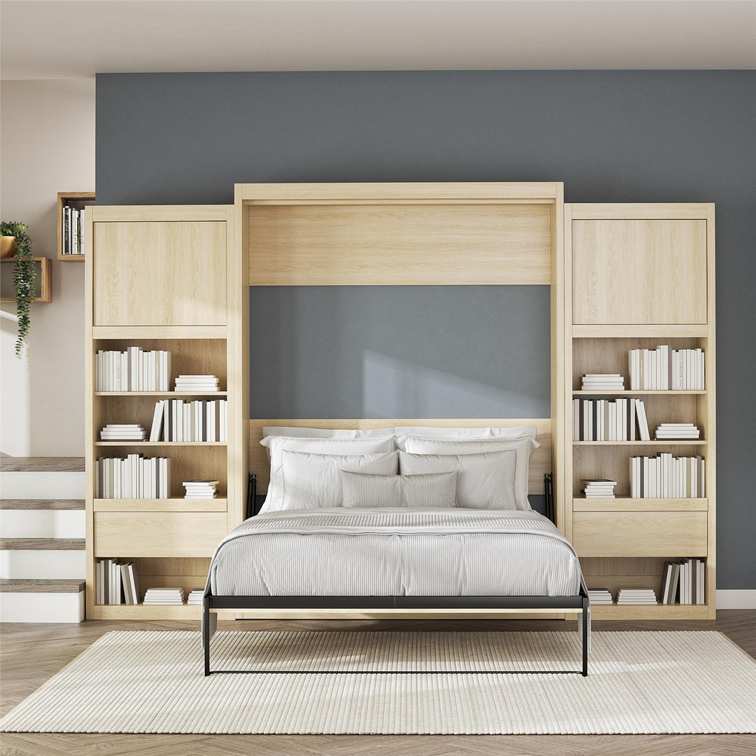 Paramount Queen Murphy Bed with 2 Bedside Bookcase Cabinets & Slide-Out Nightstands - Monterey Oak - Queen