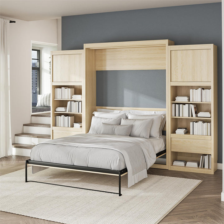 Paramount Queen Murphy Bed with 2 Bedside Bookcase Cabinets & Slide-Out Nightstands - Monterey Oak - Queen