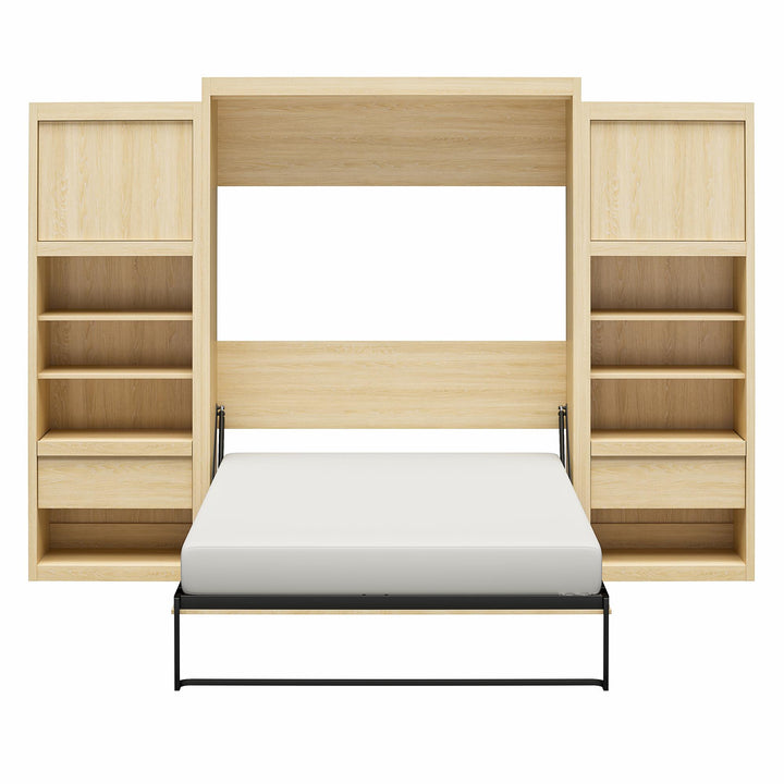 Paramount Queen Murphy Bed with 2 Bedside Bookcase Cabinets & Slide-Out Nightstands - Monterey Oak - Queen