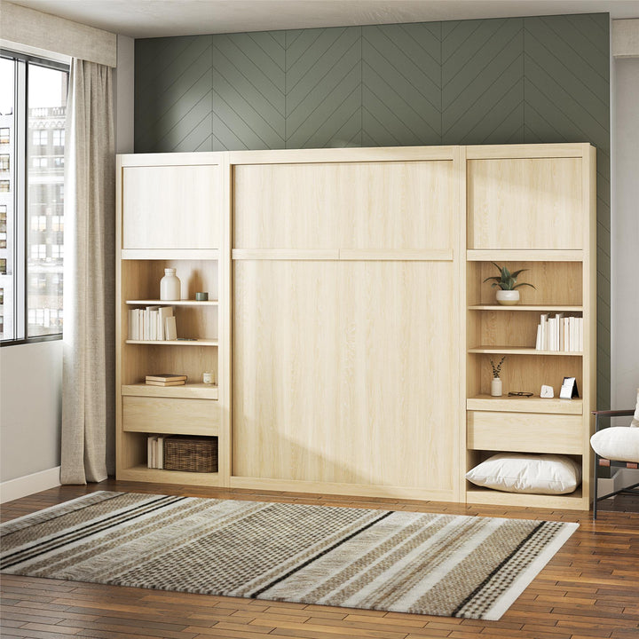 Paramount Full Murphy Bed with 2 Bedside Bookcase Cabinets & Slide-Out Nightstands - Monterey Oak - Full