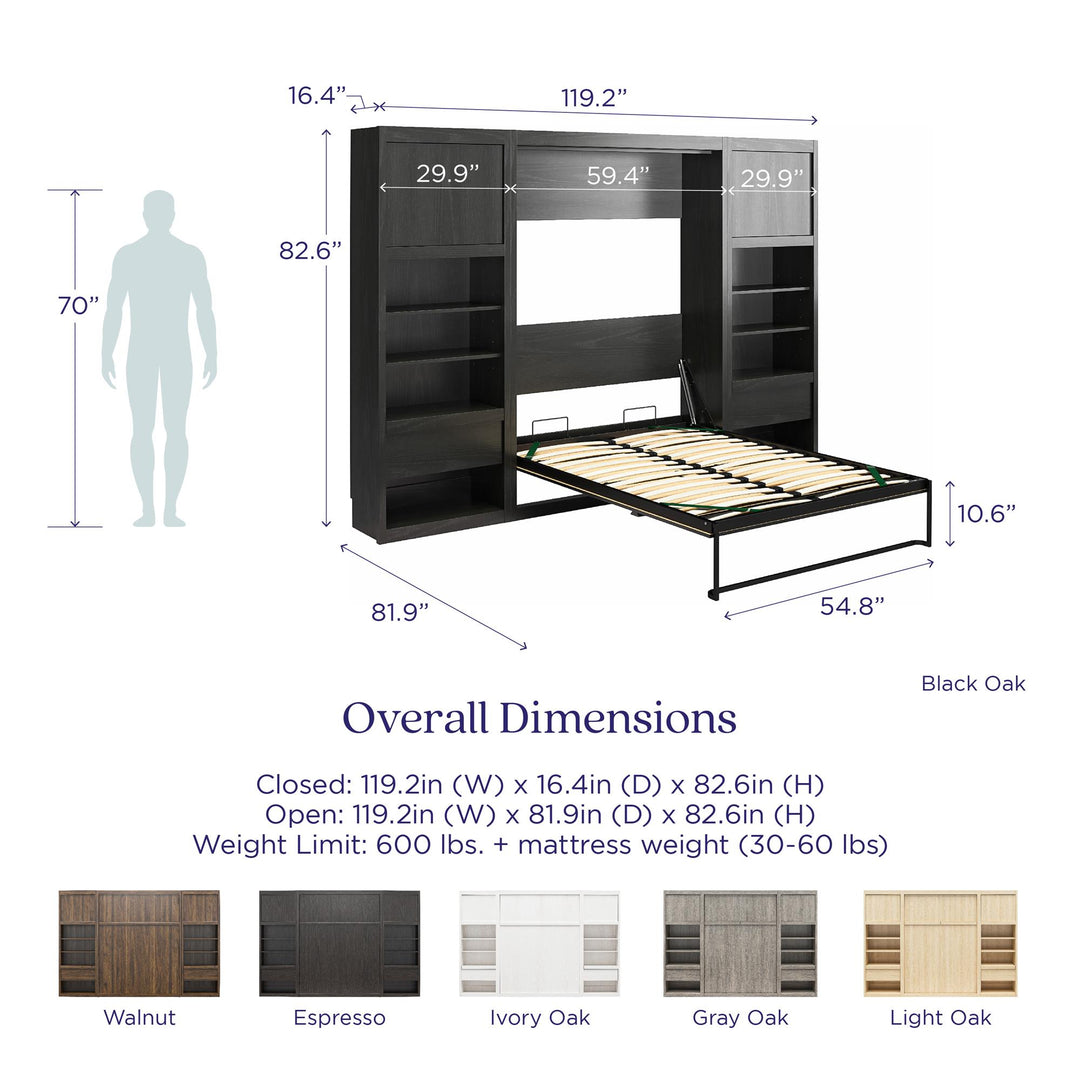 Paramount Full Murphy Bed with 2 Bedside Bookcase Cabinets & Slide-Out Nightstands - Columbia Walnut - Full