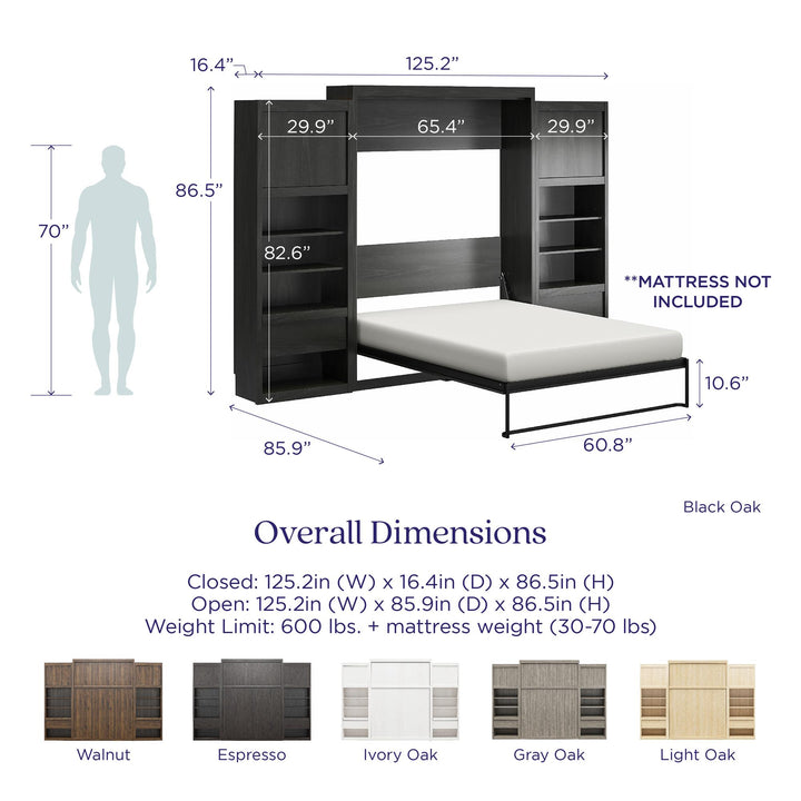 Paramount Queen Murphy Bed with 2 Bedside Bookcase Cabinets & Slide-Out Nightstands - Columbia Walnut - Queen