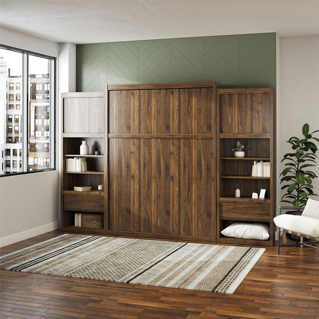 Paramount Queen Murphy Bed with 2 Bedside Bookcase Cabinets & Slide-Out Nightstands - Columbia Walnut - Queen