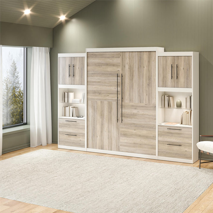 Pinnacle Queen Murphy Bed with 2 Side Cabinets & Touch Sensor LED Lighting - Gray Oak