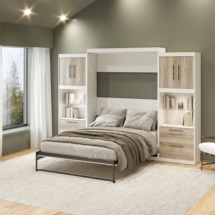 Pinnacle Queen Murphy Bed with 2 Side Cabinets & Touch Sensor LED Lighting - Gray Oak