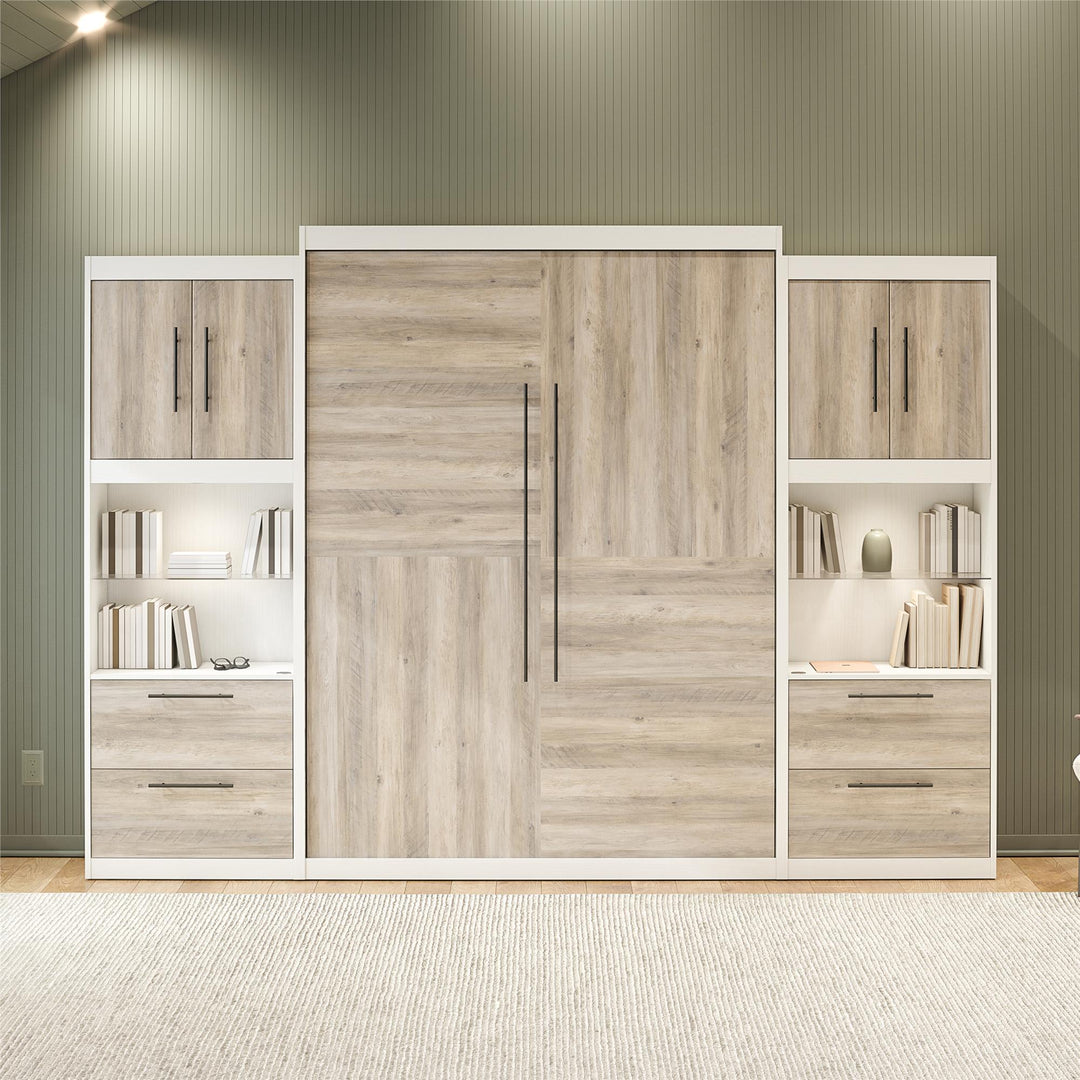 Pinnacle Queen Murphy Bed with 2 Side Cabinets & Touch Sensor LED Lighting - Gray Oak