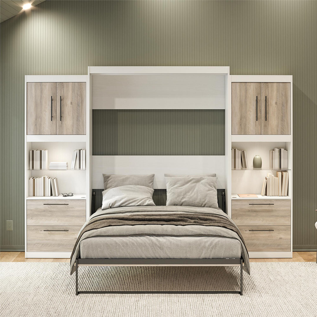 Pinnacle Queen Murphy Bed with 2 Side Cabinets & Touch Sensor LED Lighting - Gray Oak