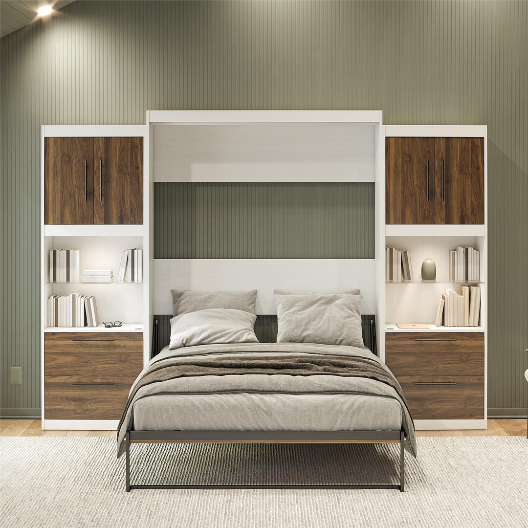 Pinnacle Queen Murphy Bed with 2 Side Cabinets & Touch Sensor LED Lighting - Columbia Walnut