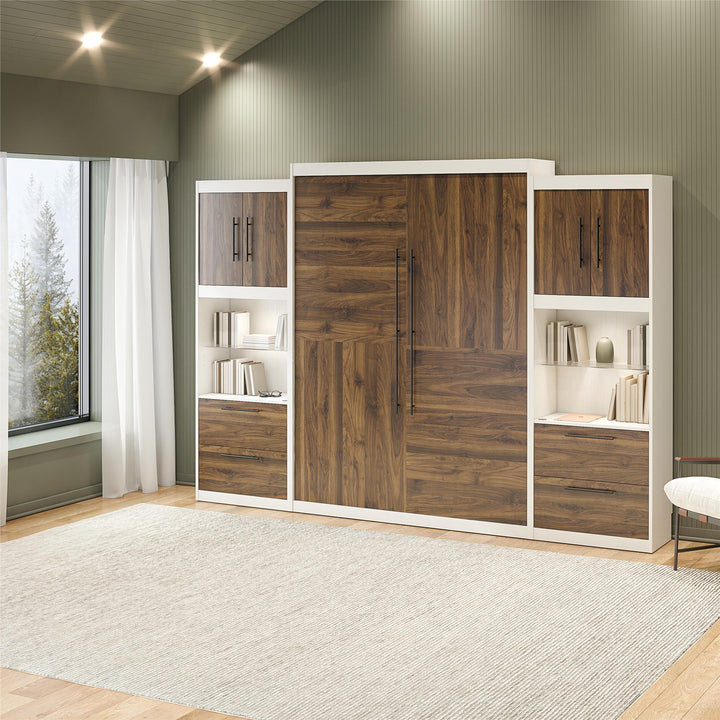 Pinnacle Queen Murphy Bed with 2 Side Cabinets & Touch Sensor LED Lighting - Columbia Walnut