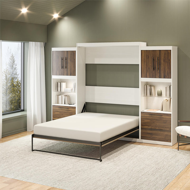 Pinnacle Queen Murphy Bed with 2 Side Cabinets & Touch Sensor LED Lighting - Columbia Walnut