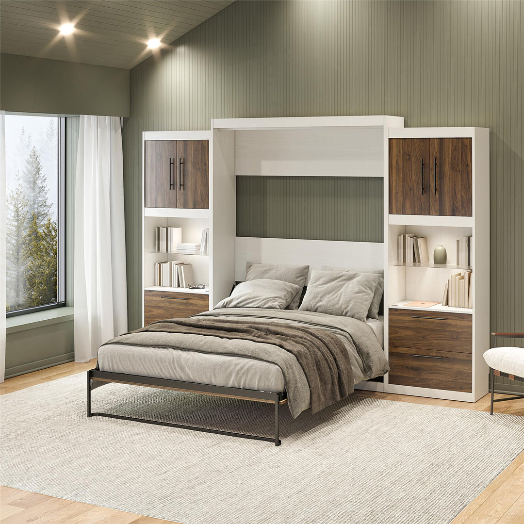 Pinnacle Queen Murphy Bed with 2 Side Cabinets & Touch Sensor LED Lighting - Columbia Walnut