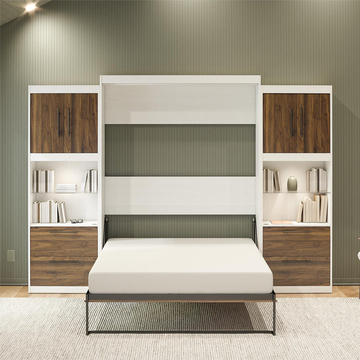 Pinnacle Queen Murphy Bed with 2 Side Cabinets & Touch Sensor LED Lighting - Columbia Walnut