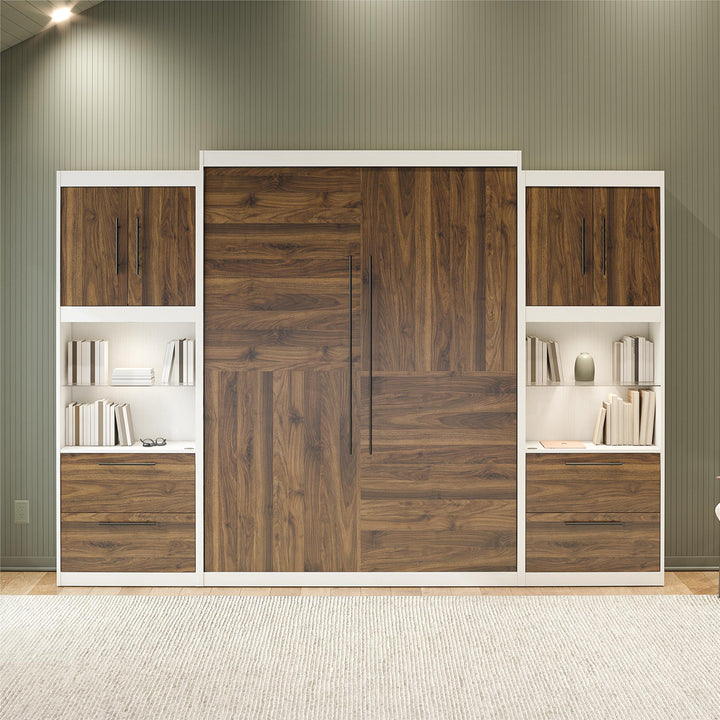 Pinnacle Queen Murphy Bed with 2 Side Cabinets & Touch Sensor LED Lighting - Columbia Walnut