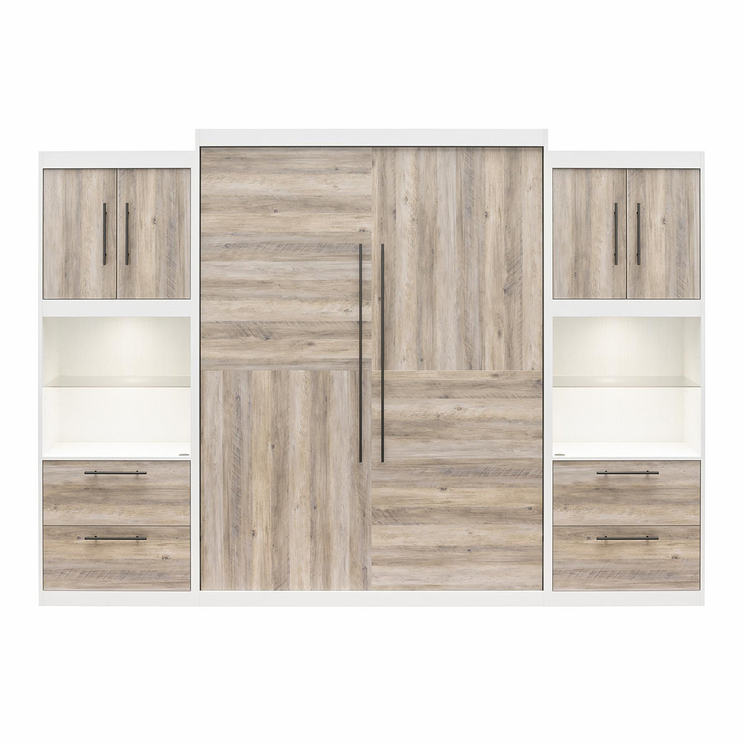 Pinnacle Queen Murphy Bed with 2 Side Cabinets & Touch Sensor LED Lighting - Gray Oak