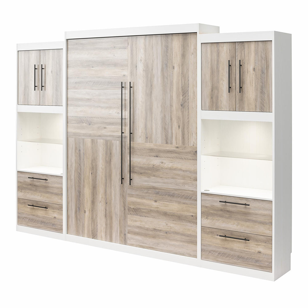 Pinnacle Queen Murphy Bed with 2 Side Cabinets & Touch Sensor LED Lighting - Gray Oak