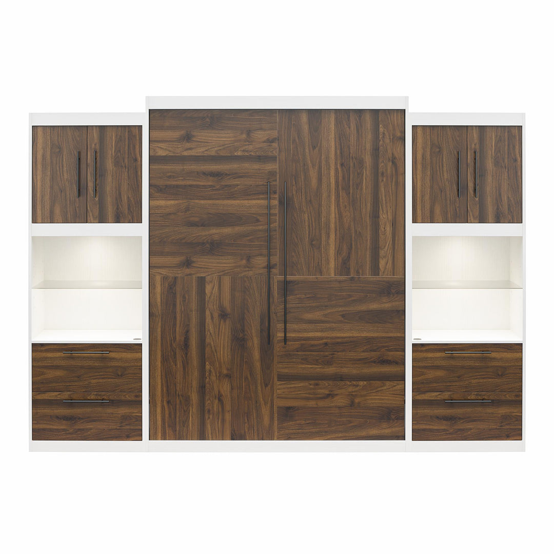 Pinnacle Queen Murphy Bed with 2 Side Cabinets & Touch Sensor LED Lighting - Columbia Walnut