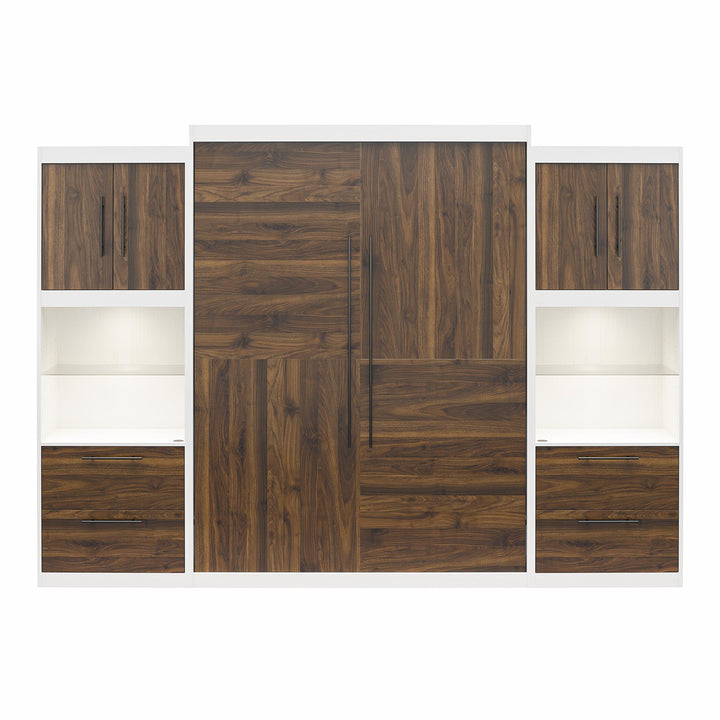 Pinnacle Queen Murphy Bed with 2 Side Cabinets & Touch Sensor LED Lighting - Columbia Walnut