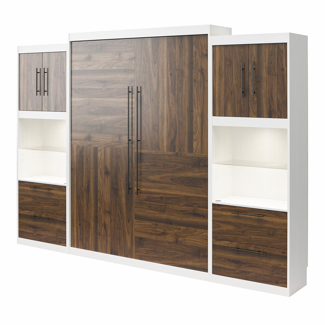 Pinnacle Queen Murphy Bed with 2 Side Cabinets & Touch Sensor LED Lighting - Columbia Walnut