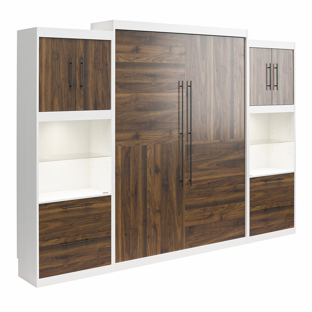 Pinnacle Queen Murphy Bed with 2 Side Cabinets & Touch Sensor LED Lighting - Columbia Walnut