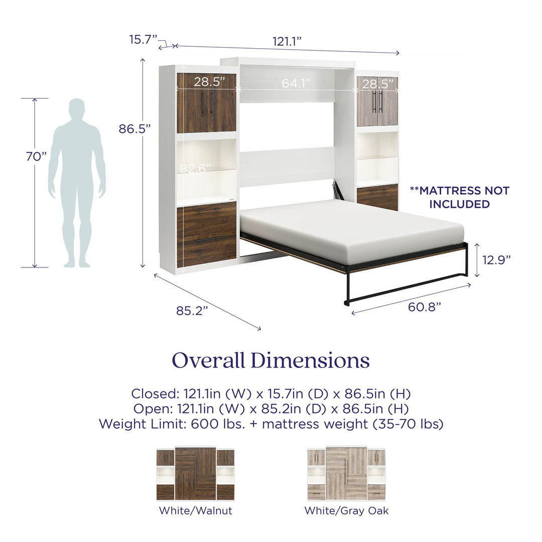 Pinnacle Queen Murphy Bed with 2 Side Cabinets & Touch Sensor LED Lighting - Columbia Walnut