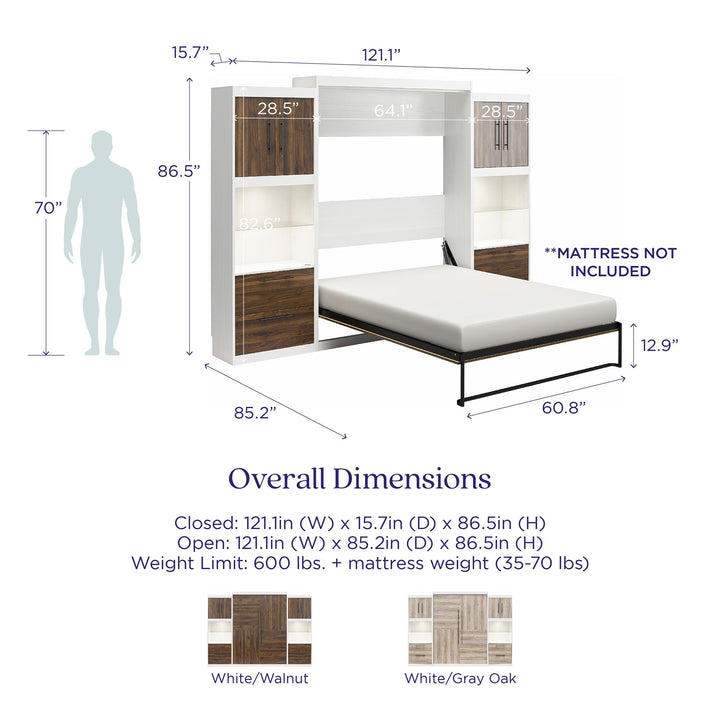 Pinnacle Queen Murphy Bed with 2 Side Cabinets & Touch Sensor LED Lighting - Gray Oak