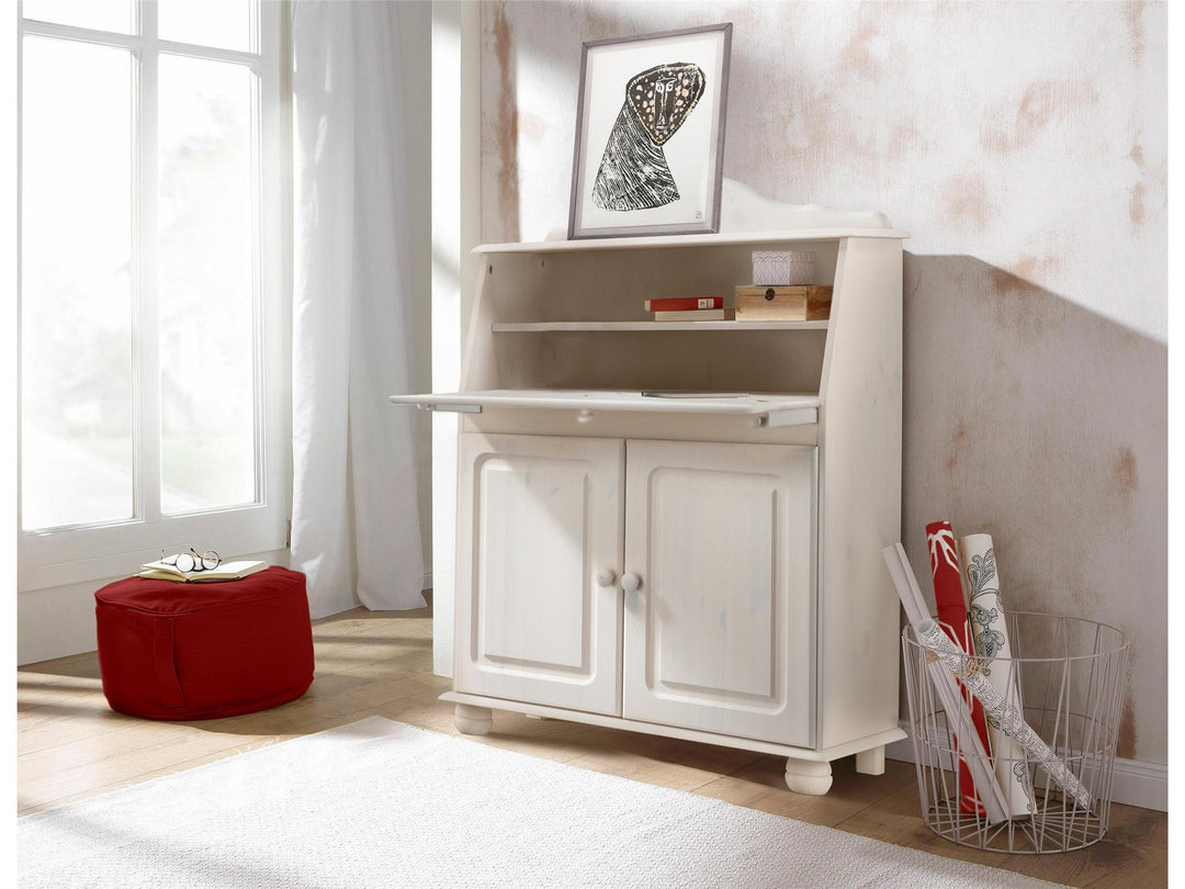 Chester Solid Wood Fold Out Storage Desk with Bottom Storage Cabinet - White