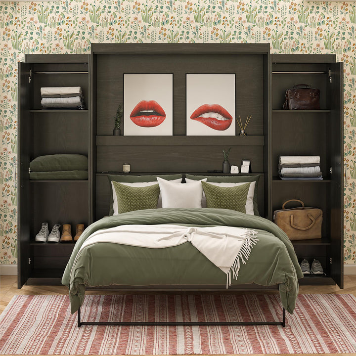 Her Majesty Queen Murphy Bed with 2 Storage Wardrobes - Black Oak - Queen