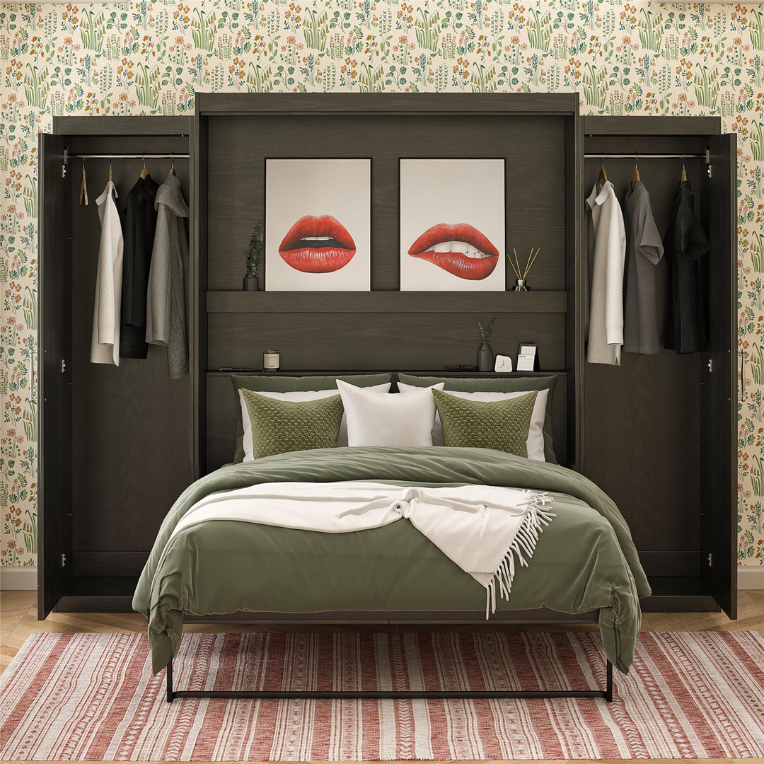 Her Majesty Queen Murphy Bed with 2 Storage Wardrobes - Black Oak - Queen