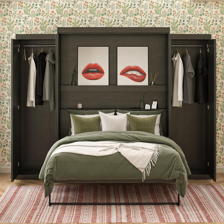 Her Majesty Queen Murphy Bed with 2 Storage Wardrobes - Black Oak - Queen