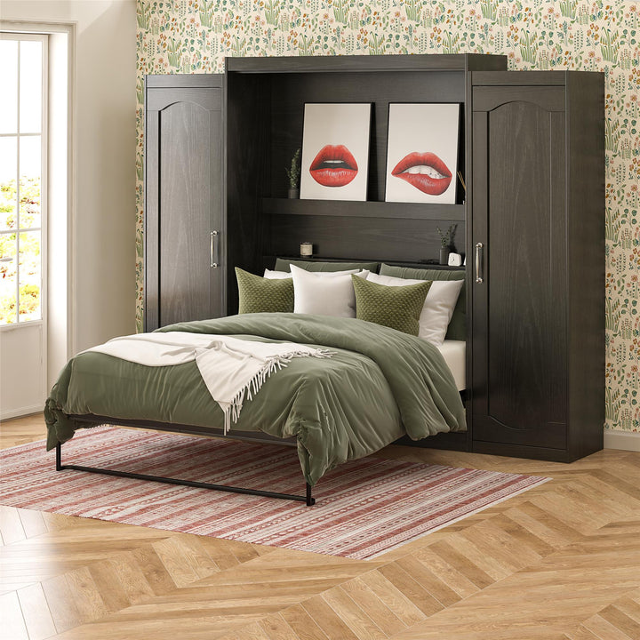 Her Majesty Queen Murphy Bed with 2 Storage Wardrobes - Black Oak - Queen