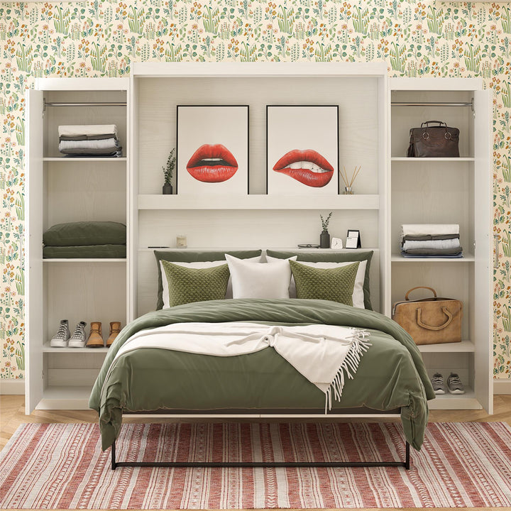 Her Majesty Murphy Bed with 2 Storage Wardrobes - White - Queen