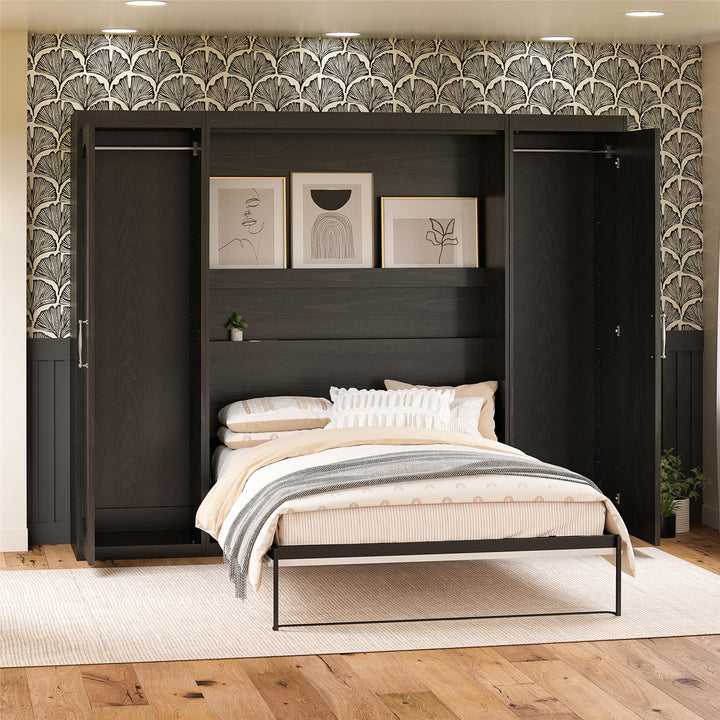 Her Majesty Full Murphy Bed with 2 Storage Wardrobes - Black Oak - Full