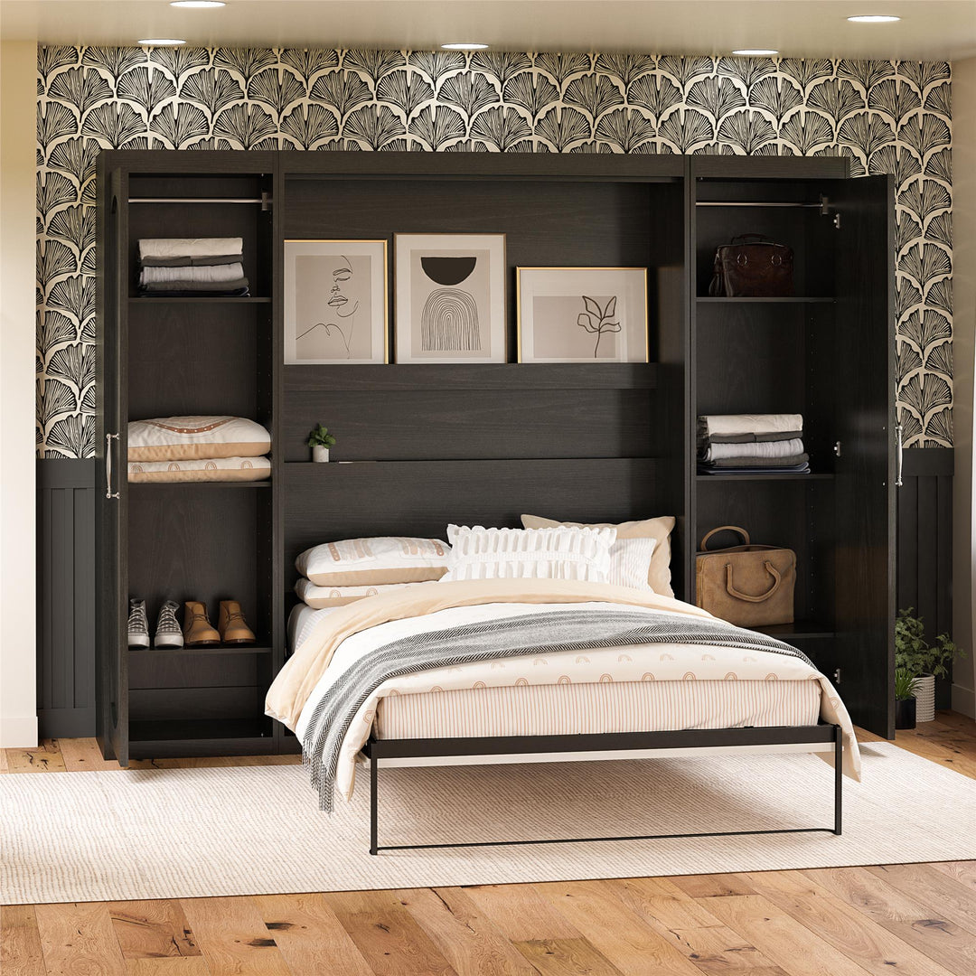 Her Majesty Full Murphy Bed with 2 Storage Wardrobes - Black Oak - Full