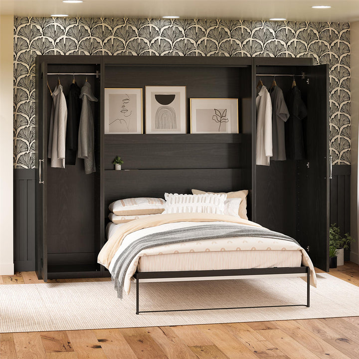 Her Majesty Full Murphy Bed with 2 Storage Wardrobes - Black Oak - Full