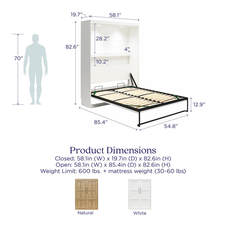 Impressions Full Wall Bed with Gallery Shelf & Touch Sensor LED Lighting - Natural - Full