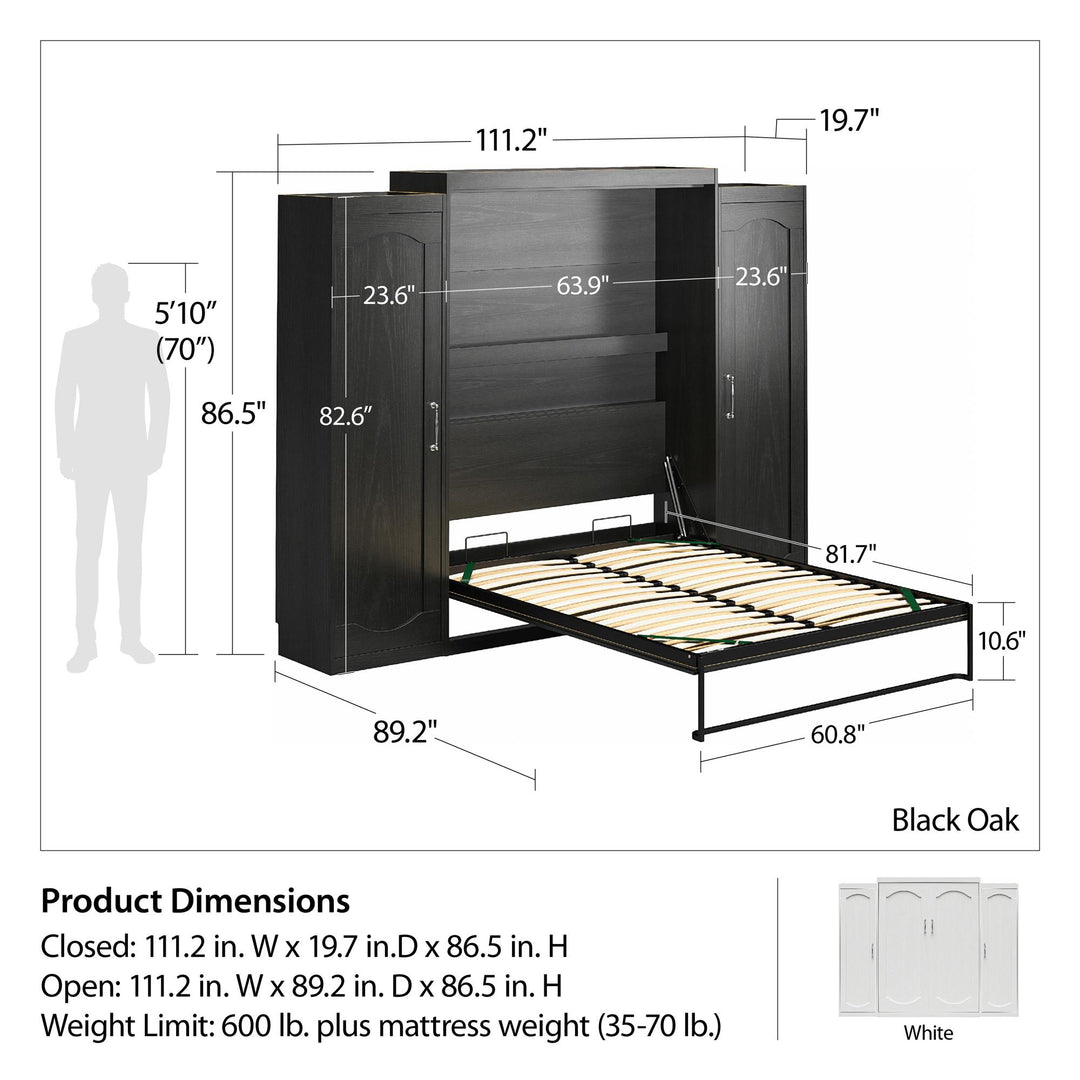 Her Majesty Murphy Bed with 2 Storage Wardrobes - White - Queen