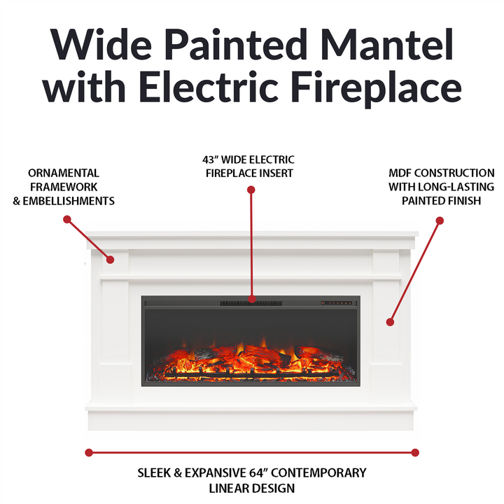 Elmcroft Wide Painted Mantel with 43" Linear Electric Fireplace Insert - White