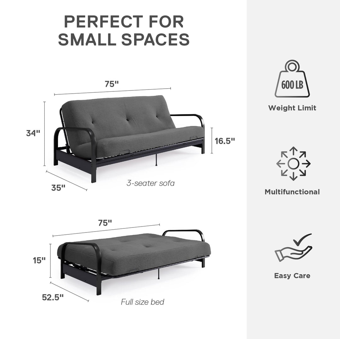 Cleo Black Metal Arm Full Size Futon Frame with 6 Inch Mattress - Gray - Full